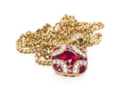18CT GOLD RUBY & DIAMOND PENDANT, on fine 18ct gold chain, 6.7gms Provenance: Torfaen County Borough