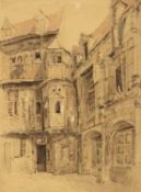 ATTRIBUTED TO SAMUEL PROUT (1783-1852), ink and watercolour - Corner at St. Armand (Rouen), a figure