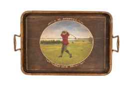 THE GOLF CLUB HOUSE: ROYAL & ANCIENT CLUB OF ST. ANDREWS TRAY, copper handles and corners, with a