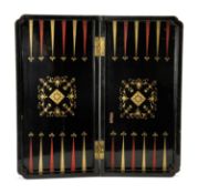 THE CHESS CLUB HOUSE: 19TH CENTURY CHINESE LACQUERED FOLDING BACKGAMMON / CHESS BOARD, 57 x 57cms