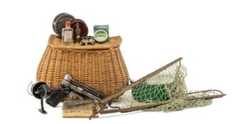 THE FISHING CLUB HOUSE: CREEL BASKET WITH FOLDING HARD WOOD & BRASS TROUT NET ETC includes K.P.