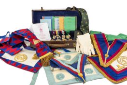 THE MASONS CLUB HOUSE: MASONIC EPHEMERA including four aprons, medals and embellishments relating to