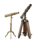 THE MARITIME / MARINE / NAVAL CLUB HOUSE: TWO TABLE TOP TRIPOD TELESCOPES, one brass, 31cms high,