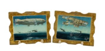 THE MILITARY / AVIATION CLUB HOUSE: RARE PAIR OF FIRST WORLD WAR INTEREST SOUVENIR GLASS PICTURES