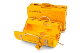 THE DRINKING CLUB HOUSE: A BOXED VEUVE CLICQUOT CHAMPAGNE TRAVELER CASE zipper, fabric body, leather