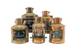 THE MARITIME / MARINE / NAVAL CLUB HOUSE: FIVE SIMILAR COPPER SHIPS LAMPS comprising a pair