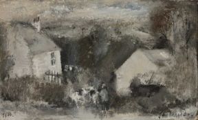 ‡ JOHN KNAPP-FISHER (English, lived Wales 1931-2015) acrylic on board - farmer driving cows at farm,