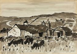 ‡ SIR KYFFIN WILLIAMS RA (Welsh 1918-2006) ink wash - farmstead 'Y Lon Wen' with cattle in the