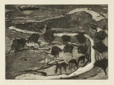 ‡ ELERI MILLS (Welsh b.1955) limited edition (4/40) etching - entitled 'Tirlun Barddol', (Bardic