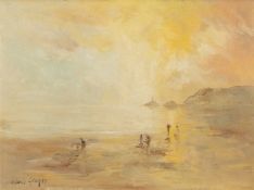 ‡ VALERIE GANZ (Welsh 1936-2015) oil on canvas - view across Swansea Bay with Mumbles Lighthouse,