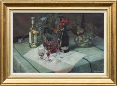 ‡ JOHN ELWYN (Welsh 1916-1997) oil on canvas - early still-life, wine and flowers, front and back