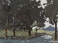 ‡ ARTHUR PRITCHARD (Welsh 1927-1993) oil on board - landscape with trees and two figures, signed, 29