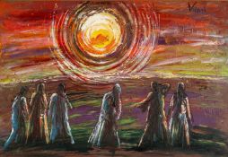 ‡ ANDREW VICARI (Welsh 1932-2016) oil on canvas - entitled verso 'La vigonad del tramoto' on