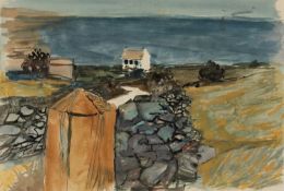 ‡ JOHN ELWYN (Welsh 1916-1997) watercolour - entitled verso 'Coastal Farm, 1958', studio stamp