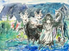 ‡ ROBERT MACDONALD (English b.1935) watercolour & crayon - entitled verso 'Llyn-y-Fan Fach',
