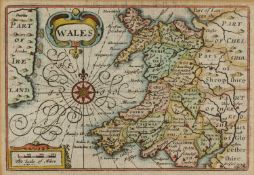 JOHN SPEED coloured antiquarian map - 'Speed's Miniature Map of Wales', circa 1627, later