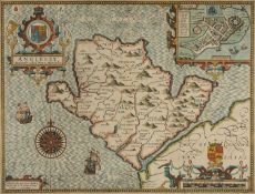 JOHN SPEED coloured & tinted antiquarian map - 'Anglesey', Sudbury & Humbell edition, 40 x 52cms