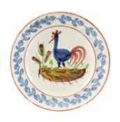 LLANELLY POTTERY COCKEREL PLATE having a typical painted cockerel centred upon a landscape within