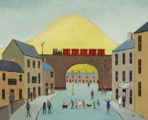 ‡ JACK JONES (Welsh 1922-1993) oil on board - figures in street with the Zion Baptist Church and