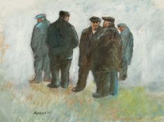 ‡ ANEURIN JONES (Welsh 1930-2017) mixed media - group of standing farmers, signed, 38 x 53cms