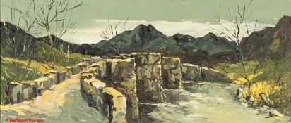 ‡ CHARLES WYATT WARREN (Welsh 1908-1993) oil on board - Eryri bridge with distant peaks, signed,