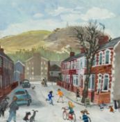 ‡ NICK HOLLY (Welsh b.1968) oil on card - Welsh valley street scene with children playing, signed,