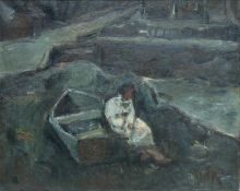 ‡ WILL ROBERTS (Welsh 1907-2000) oil on canvas - entitled verso 'Phyllis at Creswell Quay, Pembs',