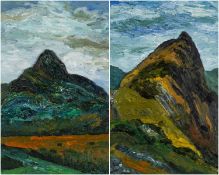 ‡ LESLIE JONES (Welsh b.1934) two oil on slate/gesso - entitled verso 'Drws-y-Coed' and 'Cnicht', 36