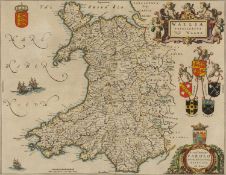 JOAN BLAEU coloured & tinted antiquarian map - Wales with illustrations, 'Wallia Principatus Vulgo