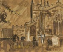 ‡ GWILYM PRICHARD (Welsh 1931-2015) mixed media on paper - church with graveyard, signed, 25 x 30cms