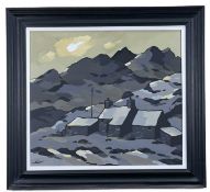 ‡ STEPHEN JOHN OWEN (Welsh b.1959) acrylic on canvas - entitled verso, 'Farm Beneath Snowdon' on