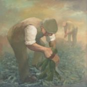 ‡ ANEURIN JONES (Welsh 1930-2017) oil on board - entitled verso, 'Codi Maip / Pick Up a Turnip',