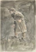 ‡ SIR KYFFIN WILLIAMS RA (Welsh 1918-2006) watercolour - farmer in overcoat with walking stick,