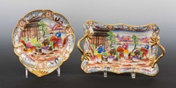 SWANSEA FAN HANDLE DISH & MATCHING TWIG-HANDLED DISH circa 1815-1817, printed in outline and