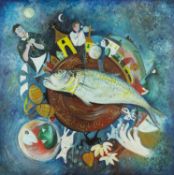 ‡ DOROTHY MORRIS (Welsh b.1953) large oil on board - 'The Village and I and Marc Chagall', signed,