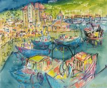 ‡ MIKE JONES (Welsh 1941-2022) mixed media - entitled verso on Attic Gallery label, 'Fishing