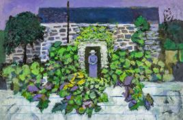 ‡ JOHN ELWYN (Welsh 1916-1997) acrylic on paper - figure at doorway with garden, studio stamp verso,