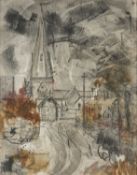‡ GWILYM PRICHARD (Welsh 1931-2015) mixed media on canvas - a winding village road with church,