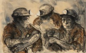 ‡ VALERIE GANZ (Welsh 1936-2015) mixed media - three seated miners on their work break, signed, 24 x