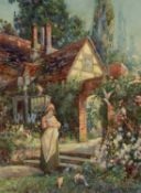 ‡ WILL EVANS (Welsh 1887-1957) watercolour - figure in cottage garden, entitled 'Feeding the Birds',