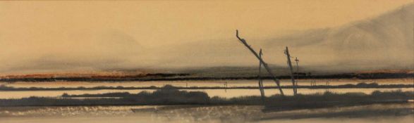 ‡ ROGER CECIL (Welsh 1942-2015) watercolour and pencil - misty flooded moorland, 18 x 61cms