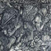 ‡ NICK EVANS (Welsh 1907-2004) large mixed media on board - two bare-footed figures straining