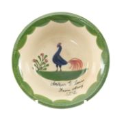 LLANELLY COCKEREL DOCUMENTARY BOWL decorated by Sarah Roberts with cockerel in landscape,