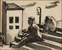 ‡ JOSEF HERMAN (Polish, lived Wales 1911-2000) pencil, ink and wash - figure in sailor cap sat