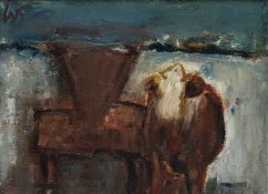 ‡ WILL ROBERTS (Welsh 1907-2000) oil on canvas – cow and farm hopper, signed with initials, entitled