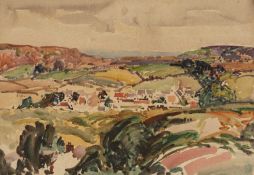 ‡ WILL EVANS (Welsh 1887-1957) watercolour - expansive landscape with village and distant sea, 39