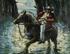 ‡ ANDREW VICARI (Welsh 1932-2016) oil on board - entitled verso 'Cavalier dans un etang en Arizona',