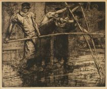 ‡ SIR FRANK BRANGWYN RA (Welsh 1867-1956) etching - men working in a tan pit, fully signed in