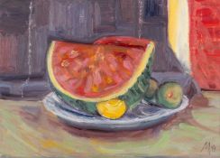 ‡ MARCIA GIBSON-WATT (Welsh b.1949) oil on board - entitled verso, 'Large Still Life -