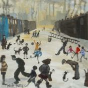 ‡ NICK HOLLY (Welsh b.1968) oil on canvas laid to card - entitled verso, 'Industrial Street Scene,